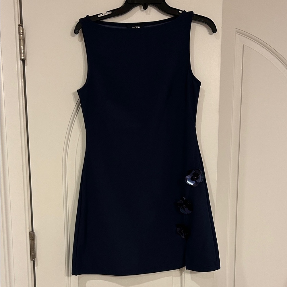 Cider Navy Sleeveless Mini Dress with Side Floral Appliqués